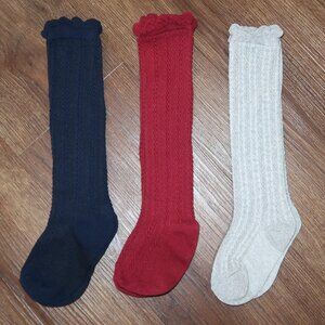 Girls Knit Boot Socks Tall Ruffled Edge Navy Blue Maroon Heather Gray Age 3-12